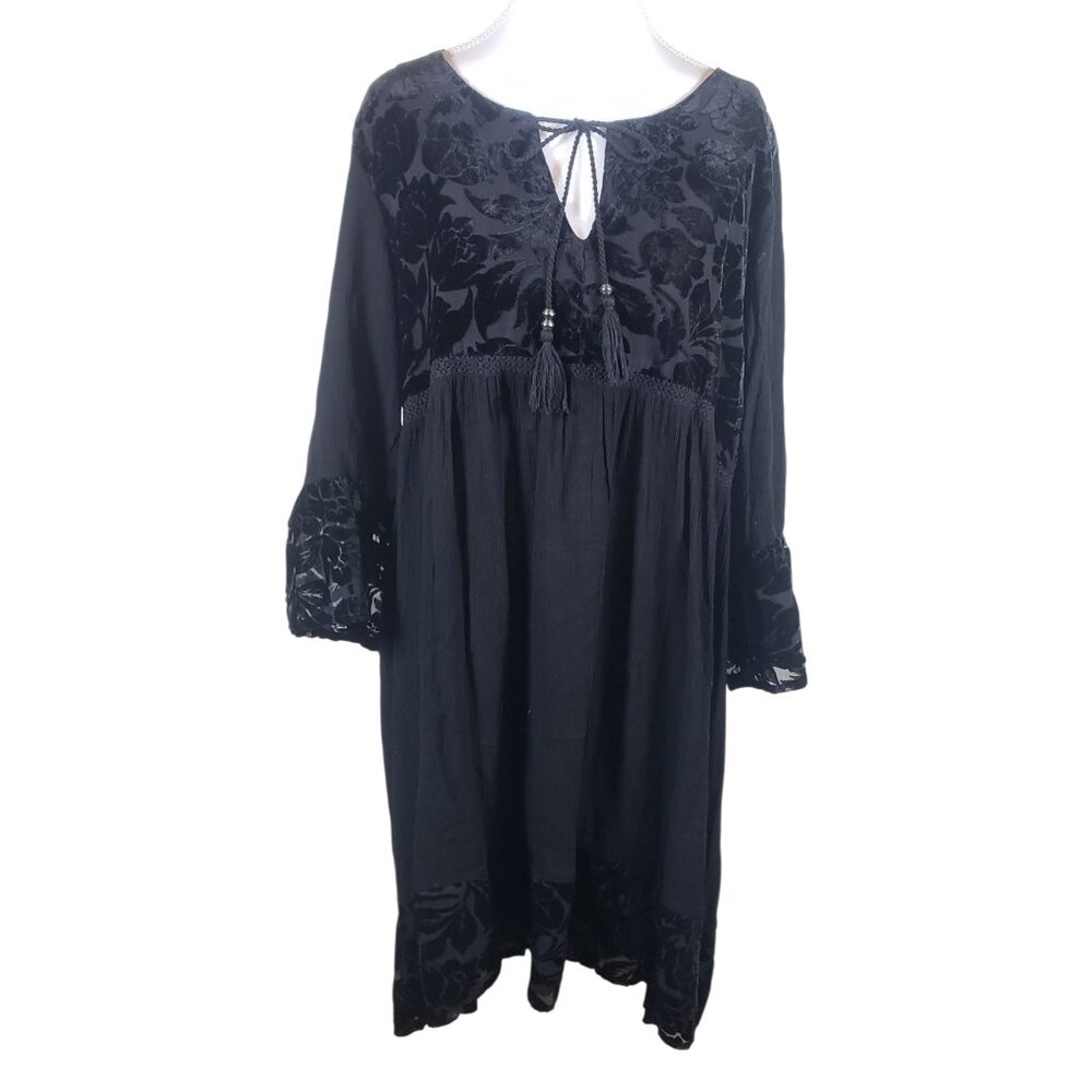 Knox Rose Women XL Black Embroidered Midi Dress Long Sleeve Gothic Dark Academia - Picture 2 of 9